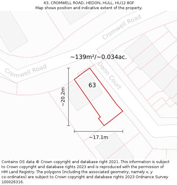 63, CROMWELL ROAD, HEDON, HULL, HU12 8GF: Plot and title map