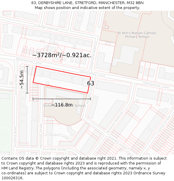 63, DERBYSHIRE LANE, STRETFORD, MANCHESTER, M32 8BN: Plot and title map