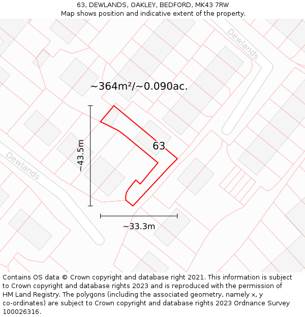 63, DEWLANDS, OAKLEY, BEDFORD, MK43 7RW: Plot and title map