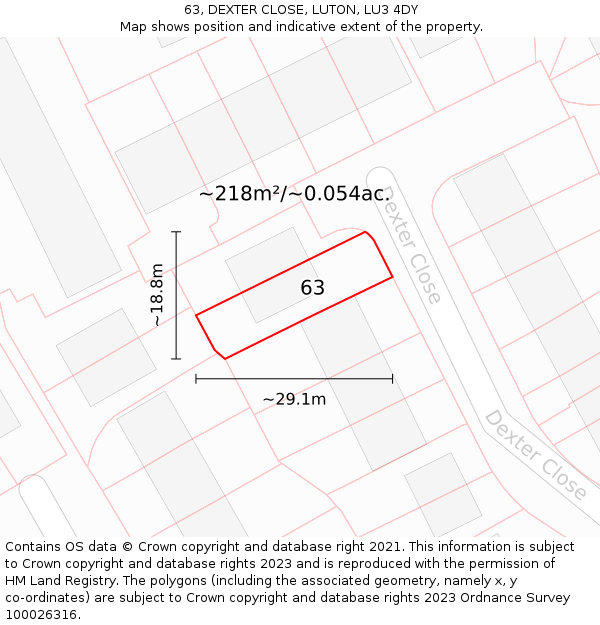 63, DEXTER CLOSE, LUTON, LU3 4DY: Plot and title map