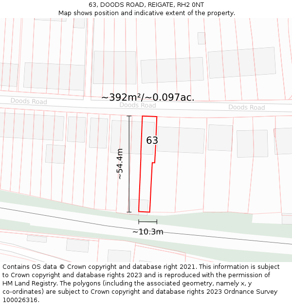 63, DOODS ROAD, REIGATE, RH2 0NT: Plot and title map