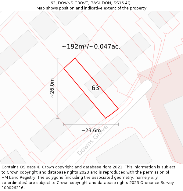 63, DOWNS GROVE, BASILDON, SS16 4QL: Plot and title map