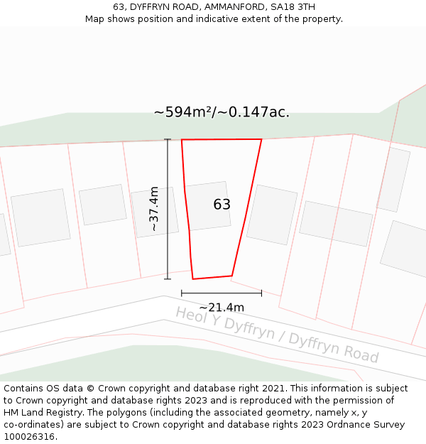 63, DYFFRYN ROAD, AMMANFORD, SA18 3TH: Plot and title map