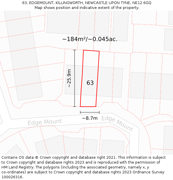 63, EDGEMOUNT, KILLINGWORTH, NEWCASTLE UPON TYNE, NE12 6GQ: Plot and title map