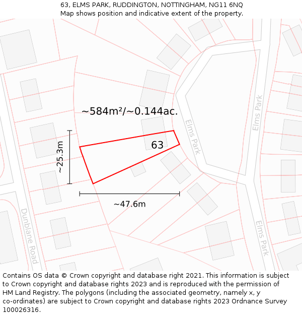 63, ELMS PARK, RUDDINGTON, NOTTINGHAM, NG11 6NQ: Plot and title map