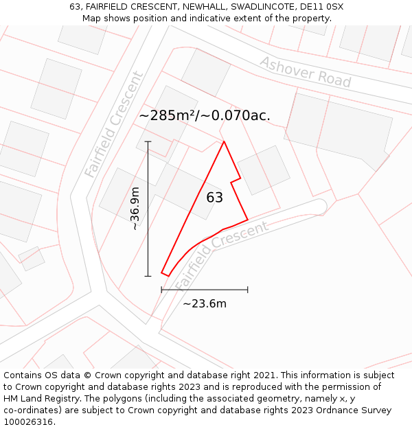 63, FAIRFIELD CRESCENT, NEWHALL, SWADLINCOTE, DE11 0SX: Plot and title map