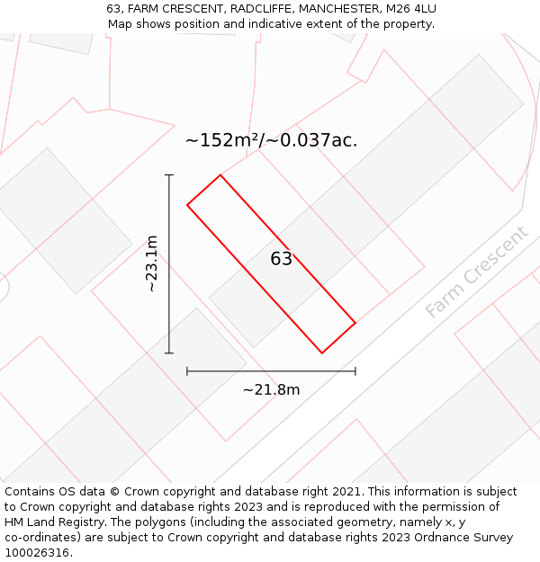 63, FARM CRESCENT, RADCLIFFE, MANCHESTER, M26 4LU: Plot and title map