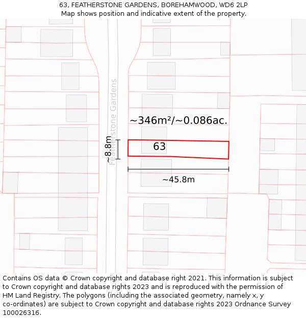 63, FEATHERSTONE GARDENS, BOREHAMWOOD, WD6 2LP: Plot and title map