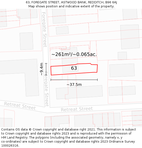 63, FOREGATE STREET, ASTWOOD BANK, REDDITCH, B96 6AJ: Plot and title map