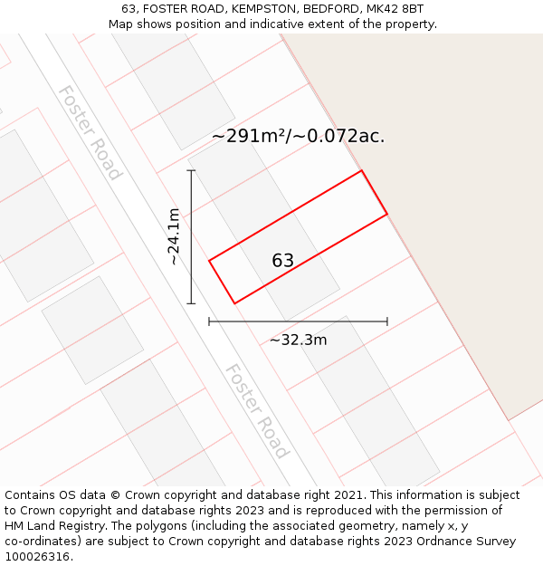 63, FOSTER ROAD, KEMPSTON, BEDFORD, MK42 8BT: Plot and title map