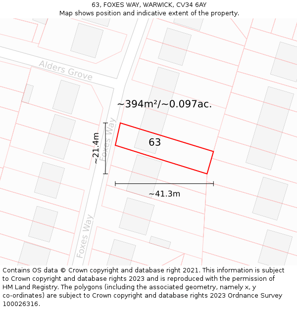 63, FOXES WAY, WARWICK, CV34 6AY: Plot and title map