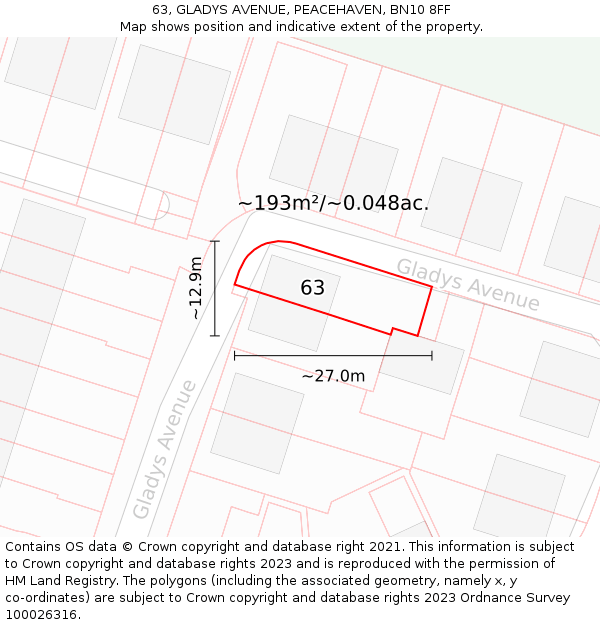 63, GLADYS AVENUE, PEACEHAVEN, BN10 8FF: Plot and title map