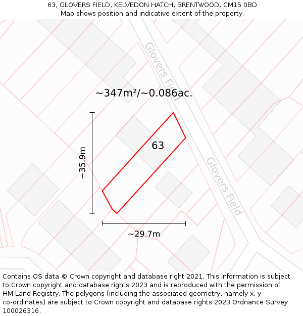 63, GLOVERS FIELD, KELVEDON HATCH, BRENTWOOD, CM15 0BD: Plot and title map