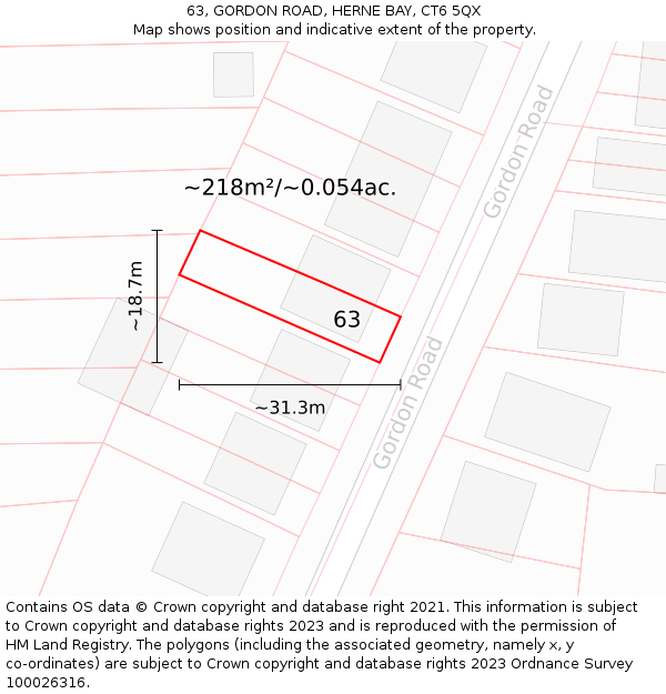 63, GORDON ROAD, HERNE BAY, CT6 5QX: Plot and title map