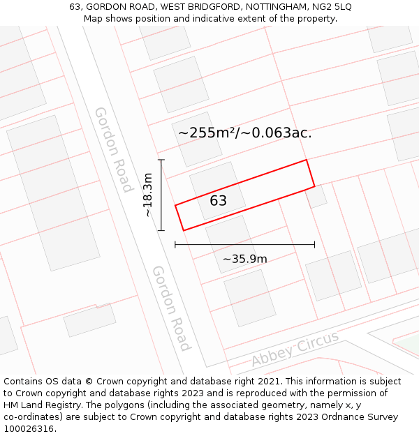 63, GORDON ROAD, WEST BRIDGFORD, NOTTINGHAM, NG2 5LQ: Plot and title map