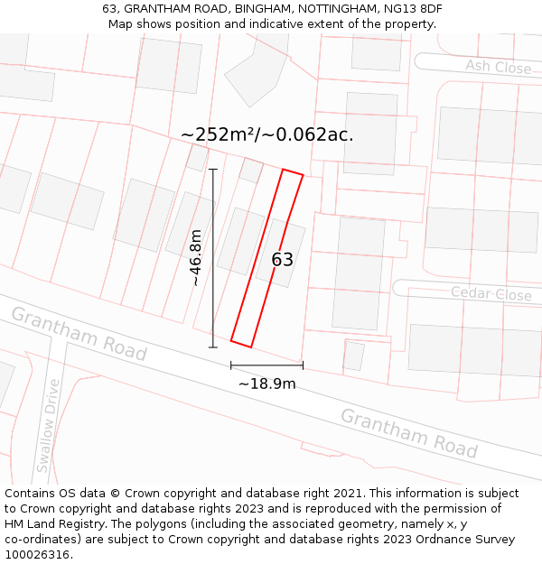 63, GRANTHAM ROAD, BINGHAM, NOTTINGHAM, NG13 8DF: Plot and title map