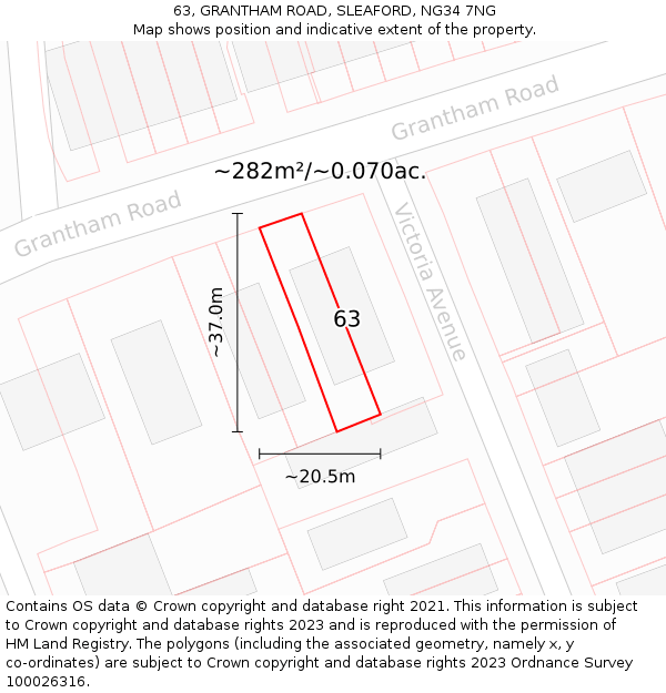 63, GRANTHAM ROAD, SLEAFORD, NG34 7NG: Plot and title map