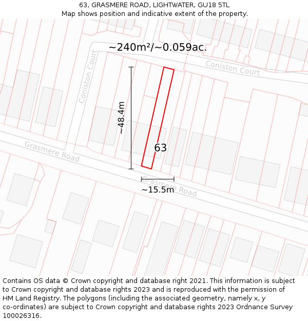 63, GRASMERE ROAD, LIGHTWATER, GU18 5TL: Plot and title map