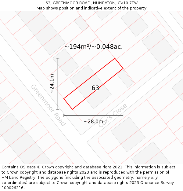 63, GREENMOOR ROAD, NUNEATON, CV10 7EW: Plot and title map