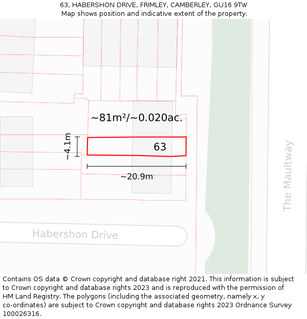 63, HABERSHON DRIVE, FRIMLEY, CAMBERLEY, GU16 9TW: Plot and title map