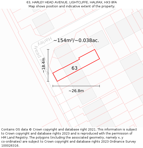 63, HARLEY HEAD AVENUE, LIGHTCLIFFE, HALIFAX, HX3 8FA: Plot and title map