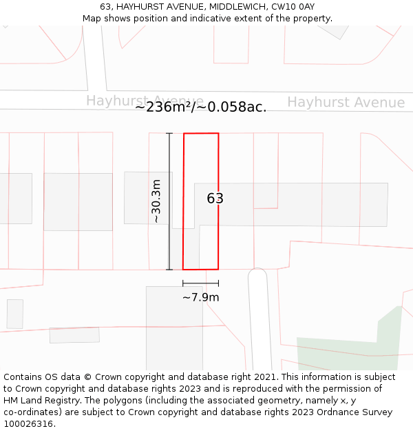 63, HAYHURST AVENUE, MIDDLEWICH, CW10 0AY: Plot and title map