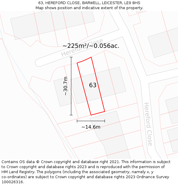 63, HEREFORD CLOSE, BARWELL, LEICESTER, LE9 8HS: Plot and title map