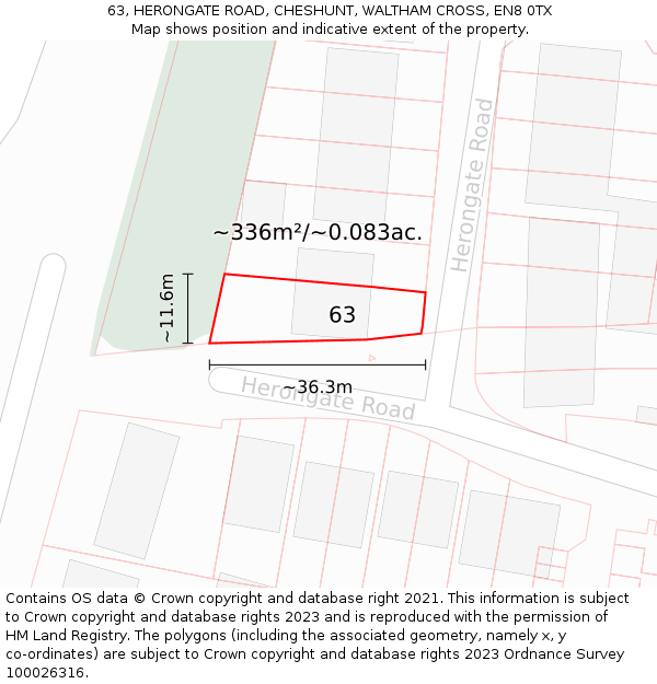 63, HERONGATE ROAD, CHESHUNT, WALTHAM CROSS, EN8 0TX: Plot and title map