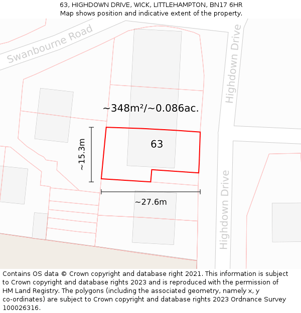 63, HIGHDOWN DRIVE, WICK, LITTLEHAMPTON, BN17 6HR: Plot and title map