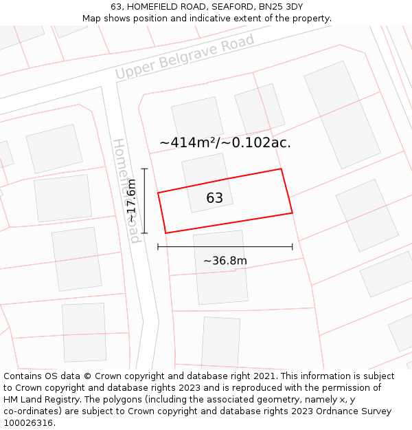 63, HOMEFIELD ROAD, SEAFORD, BN25 3DY: Plot and title map