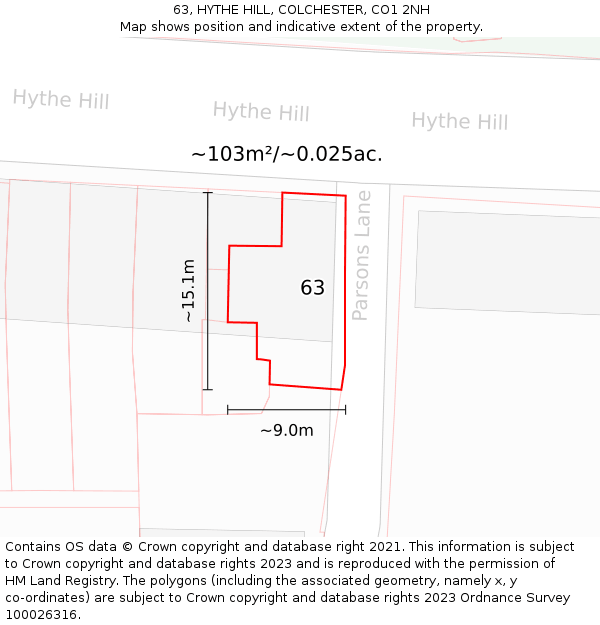 63, HYTHE HILL, COLCHESTER, CO1 2NH: Plot and title map