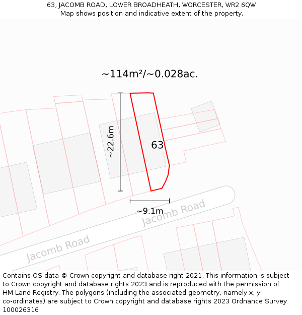 63, JACOMB ROAD, LOWER BROADHEATH, WORCESTER, WR2 6QW: Plot and title map