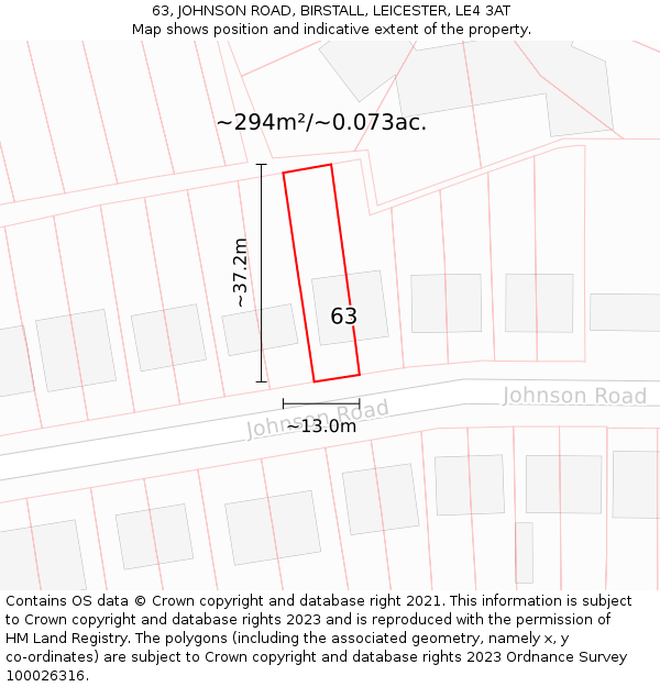 63, JOHNSON ROAD, BIRSTALL, LEICESTER, LE4 3AT: Plot and title map