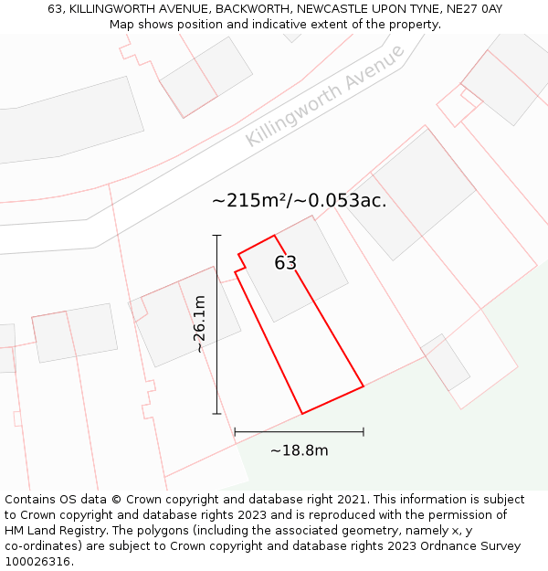 63, KILLINGWORTH AVENUE, BACKWORTH, NEWCASTLE UPON TYNE, NE27 0AY: Plot and title map