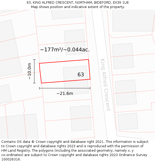 63, KING ALFRED CRESCENT, NORTHAM, BIDEFORD, EX39 1UE: Plot and title map