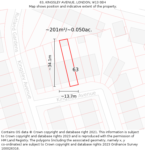 63, KINGSLEY AVENUE, LONDON, W13 0EH: Plot and title map