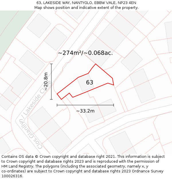 63, LAKESIDE WAY, NANTYGLO, EBBW VALE, NP23 4EN: Plot and title map