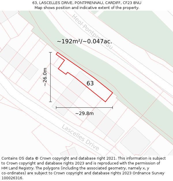 63, LASCELLES DRIVE, PONTPRENNAU, CARDIFF, CF23 8NU: Plot and title map