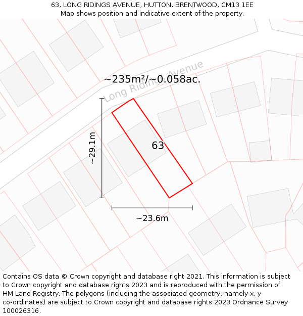 63, LONG RIDINGS AVENUE, HUTTON, BRENTWOOD, CM13 1EE: Plot and title map