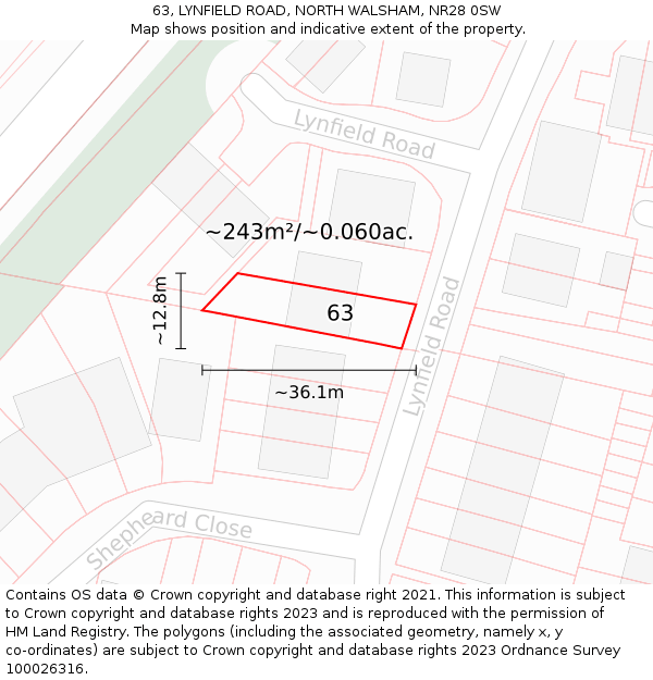 63, LYNFIELD ROAD, NORTH WALSHAM, NR28 0SW: Plot and title map