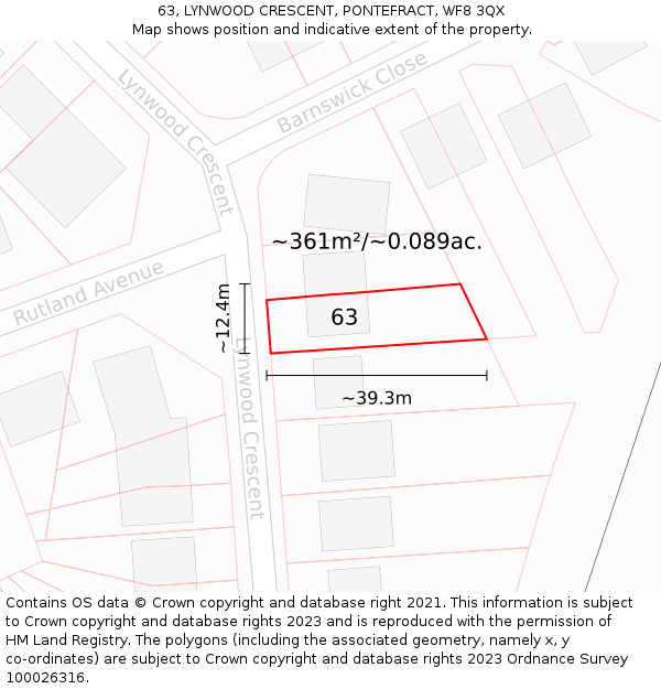 63, LYNWOOD CRESCENT, PONTEFRACT, WF8 3QX: Plot and title map