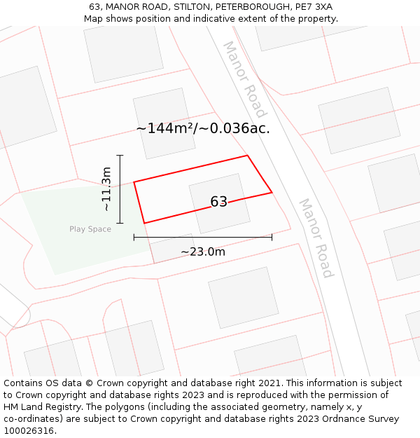 63, MANOR ROAD, STILTON, PETERBOROUGH, PE7 3XA: Plot and title map