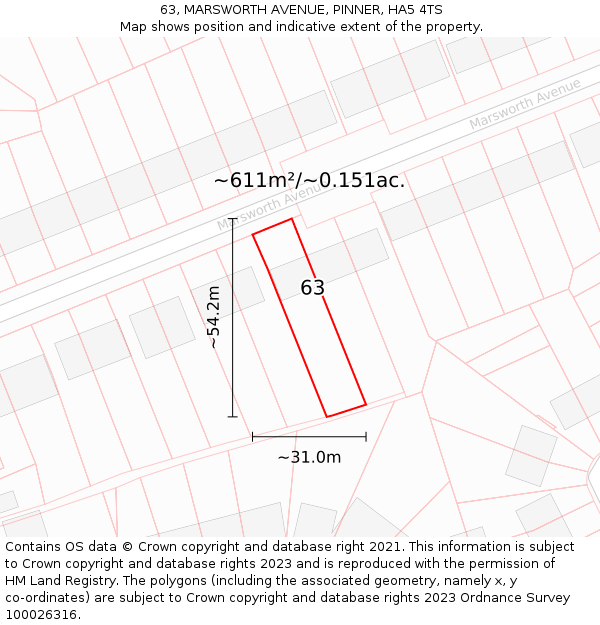 63, MARSWORTH AVENUE, PINNER, HA5 4TS: Plot and title map
