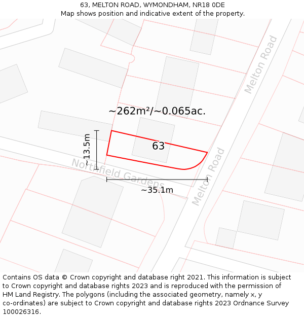 63, MELTON ROAD, WYMONDHAM, NR18 0DE: Plot and title map