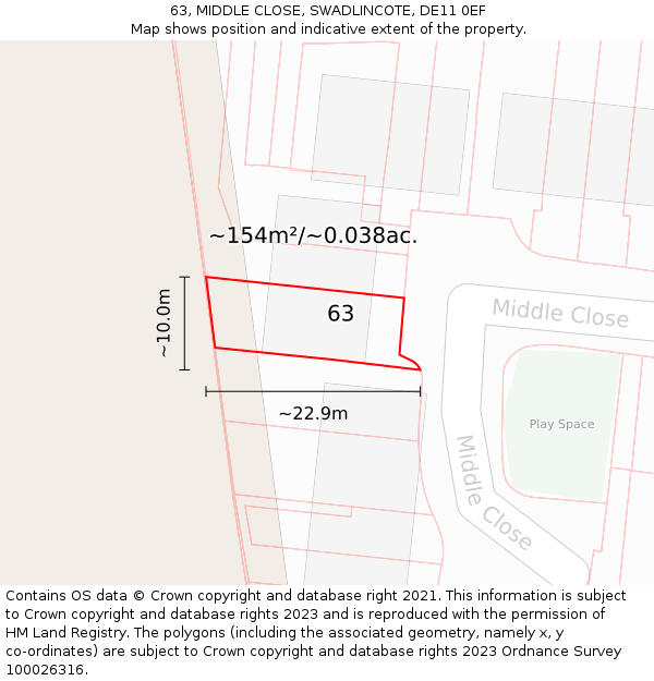 63, MIDDLE CLOSE, SWADLINCOTE, DE11 0EF: Plot and title map