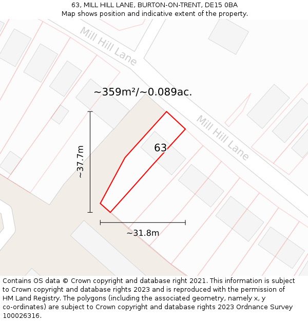 63, MILL HILL LANE, BURTON-ON-TRENT, DE15 0BA: Plot and title map