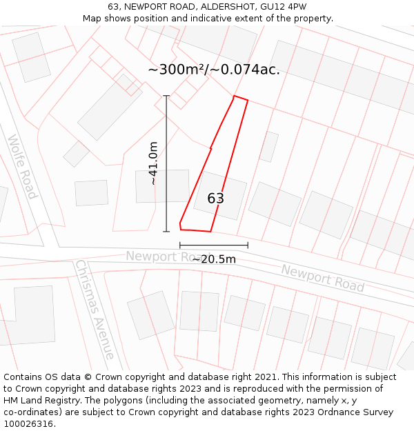 63, NEWPORT ROAD, ALDERSHOT, GU12 4PW: Plot and title map