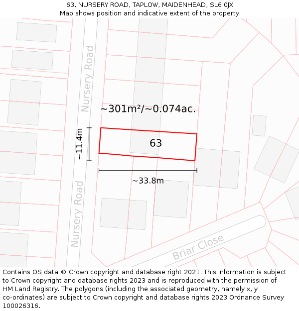 63, NURSERY ROAD, TAPLOW, MAIDENHEAD, SL6 0JX: Plot and title map