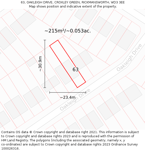 63, OAKLEIGH DRIVE, CROXLEY GREEN, RICKMANSWORTH, WD3 3EE: Plot and title map