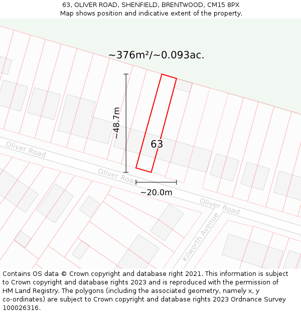 63, OLIVER ROAD, SHENFIELD, BRENTWOOD, CM15 8PX: Plot and title map